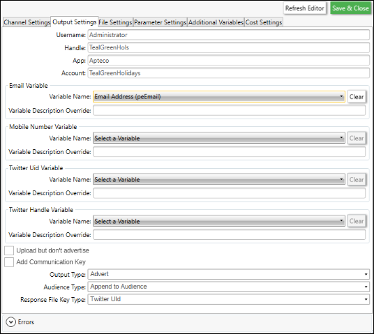 Output Settings tab for Adverts channel Output Settings