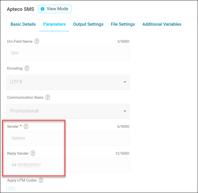 Apteco SMS channel Apteco SMS channel configuration showing Sender and Reply Sender fields