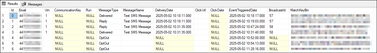 Responses table Responses table showing opt-out entry