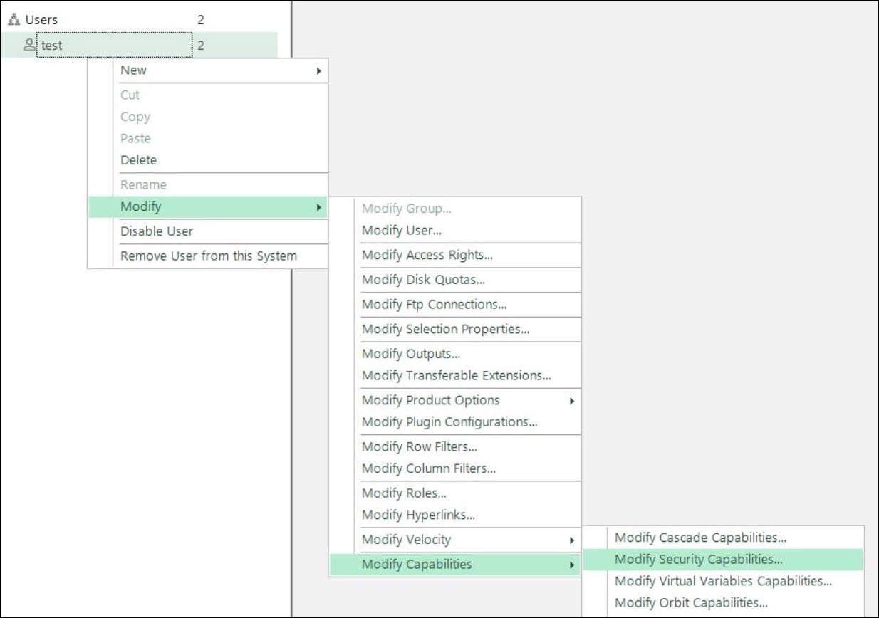 Modify Security Capabilities Modify Security Capabilities menu option
