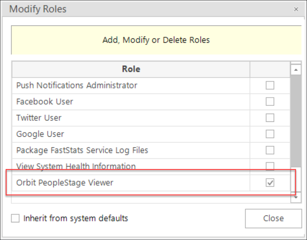 Orbit PeopleStage Viewer Role Orbit PeopleStage Viewer role enabled