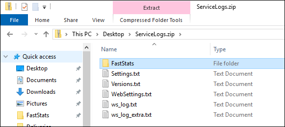Service log extra files Additional text files in the service log zip