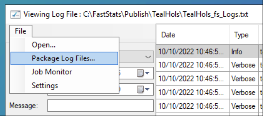Package log files Package log files option in File menu