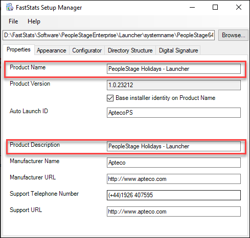 Product name and description Product name and description fields in Setup Manager Properties tab
