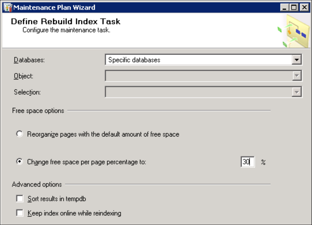 Define Rebuild Index Task configuration page