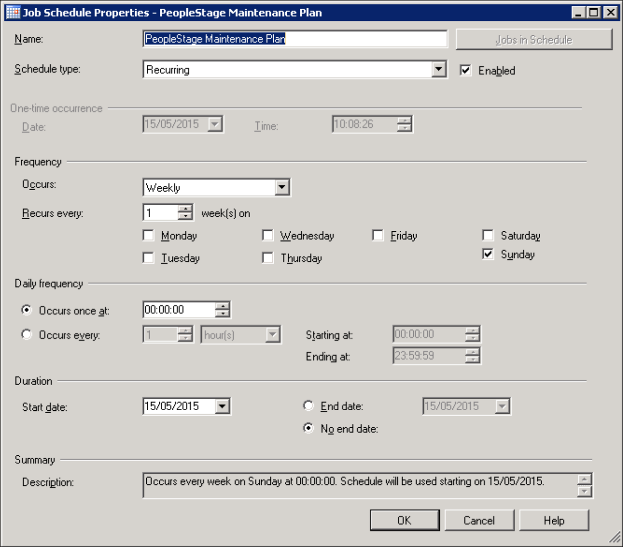 Job Schedule Properties dialog