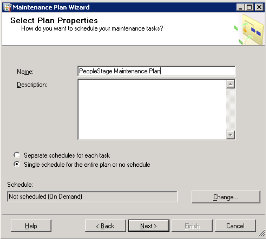 Maintenance Plan Wizard name and schedule page