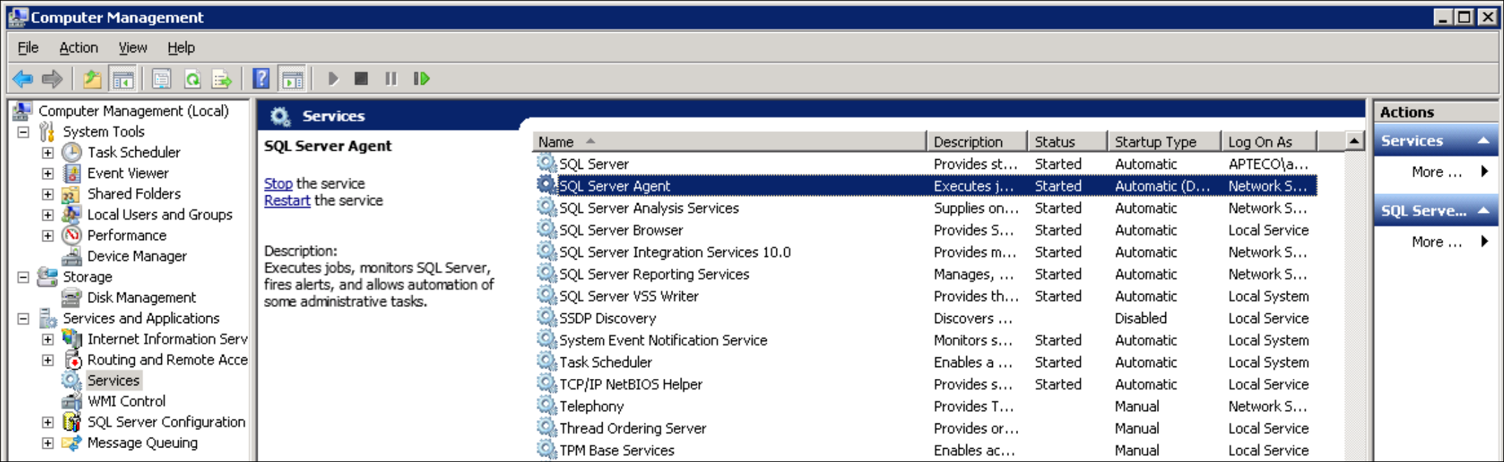 SQL Server Agent service status in Computer Management