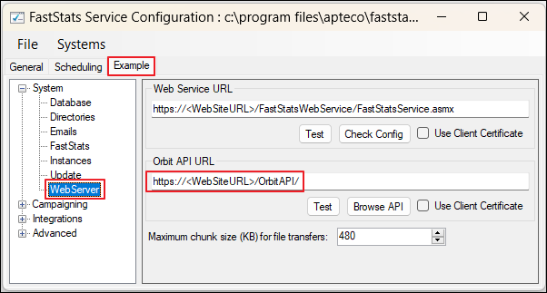 Web Server panel with Orbit API URL field