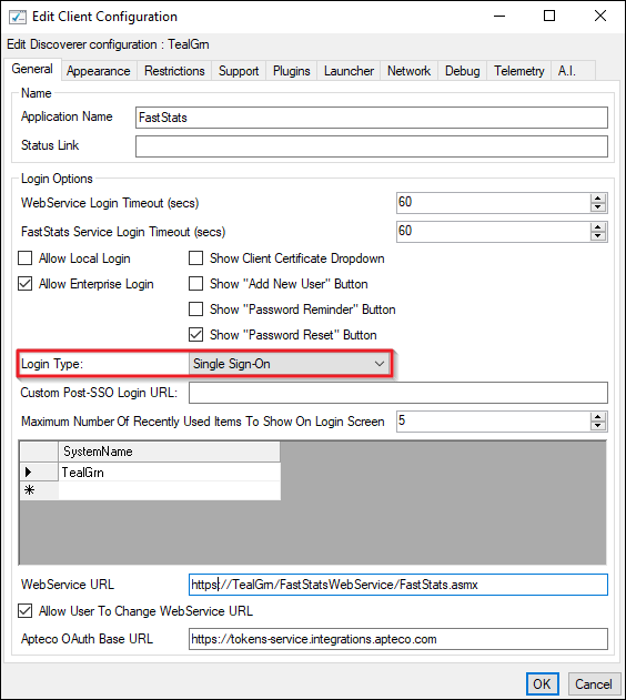 Login Type set to Single Sign-On in FastStats client configuration