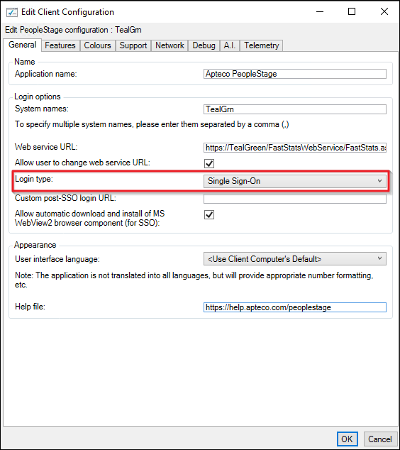 Login Type set to Single Sign-On in PeopleStage client configuration