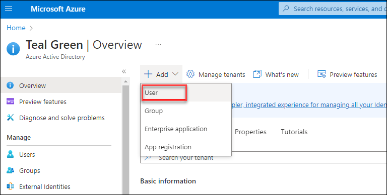 Add user dialog in Azure AD