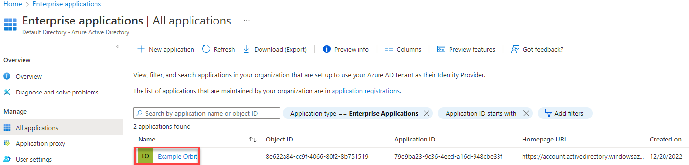 Application listed in Enterprise applications