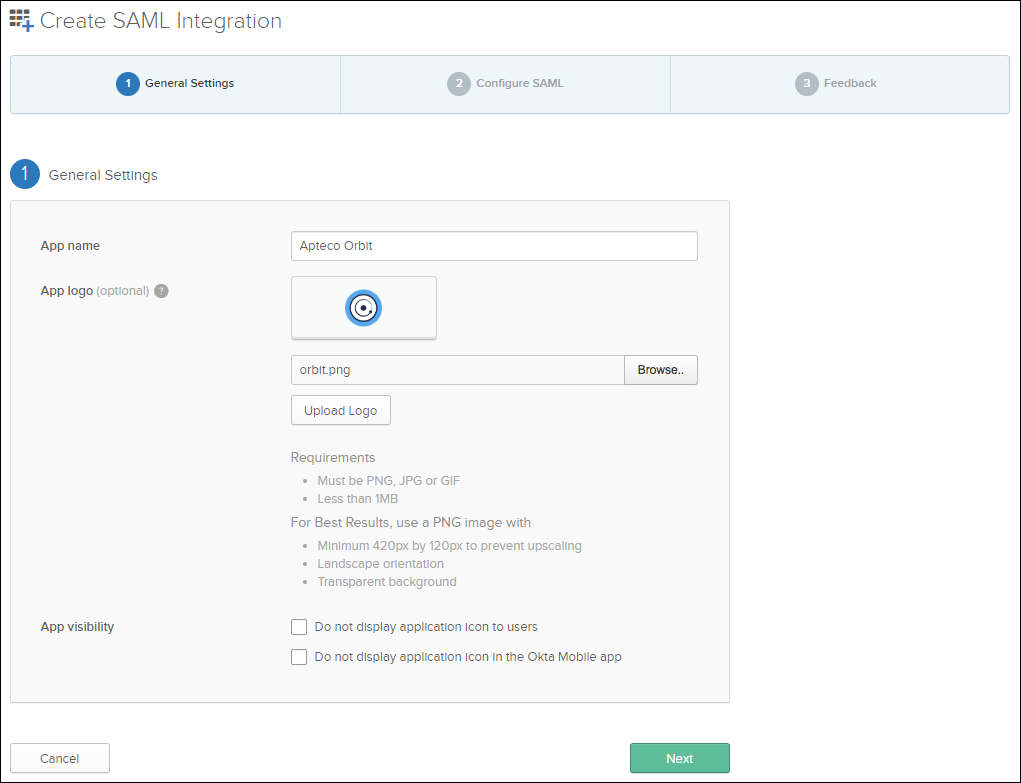 Create SAML Integration with field values