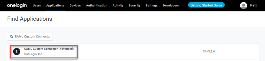 SAML Custom Connector (Advanced) in search results