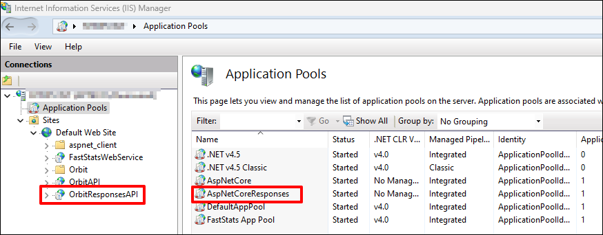 AspNetCoreResponses IIS showing AspNetCoreResponses application pool