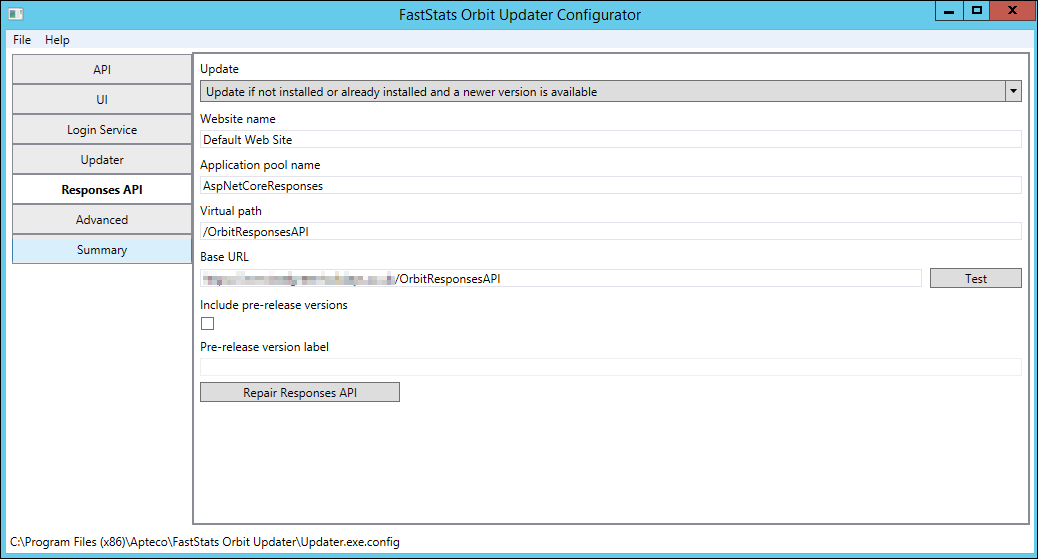 FastStats Orbit Updater Configurator FastStats Orbit Updater Configurator with ResponsesAPI selected