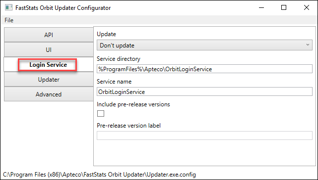 Configure login service Configure login service tab