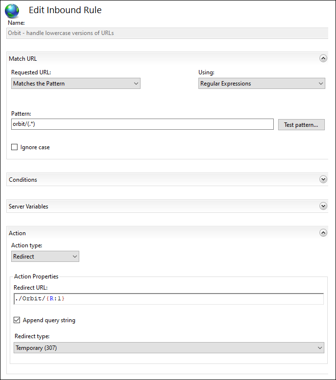 Edit Inbound Rule Temporary 307 dialog