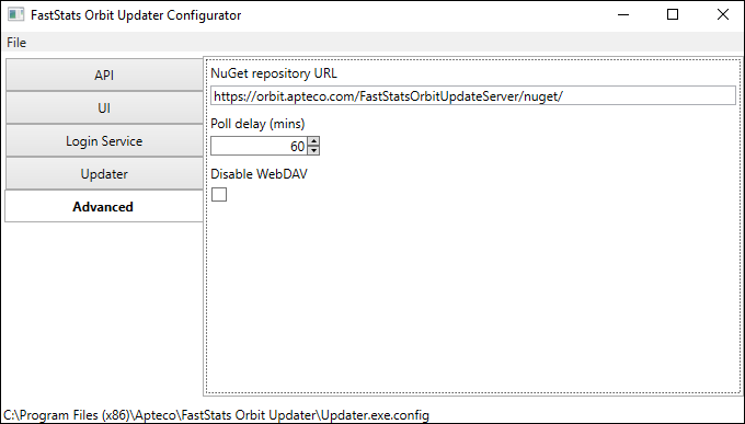 FastStats Orbit Updater Configurator showing Disable WebDAV option