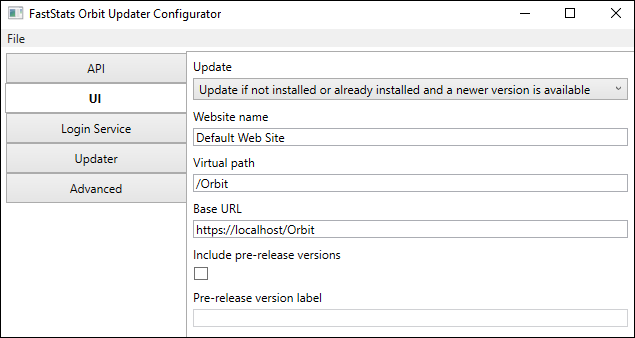 Updater configurator UI Orbit Updater Configurator UI settings tab