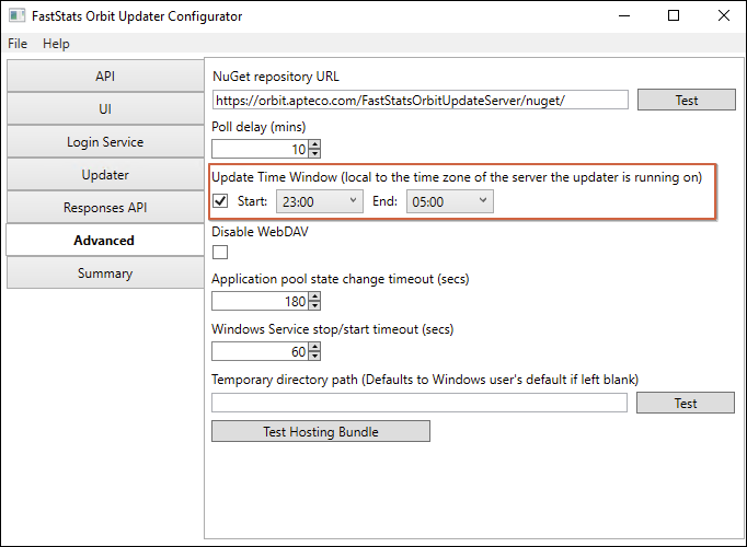 Advanced settings Advanced settings tab in the Orbit Updater Configurator