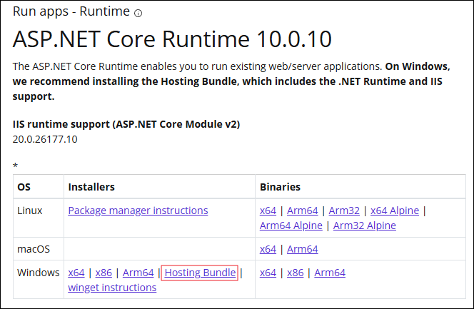 Install Hosting Bundle ASP.NET Core 10 Hosting Bundle installer