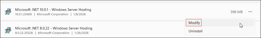 Modify Server Hosting Windows Server Hosting modify option in Apps and Features
