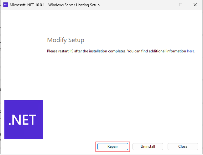 Repair Windows Server Hosting Repair option in the Windows Server Hosting installer