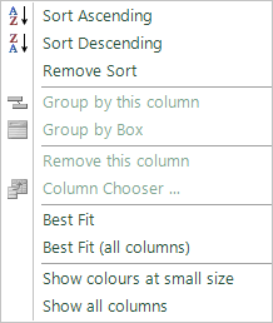 Right-click menu on a cube column header