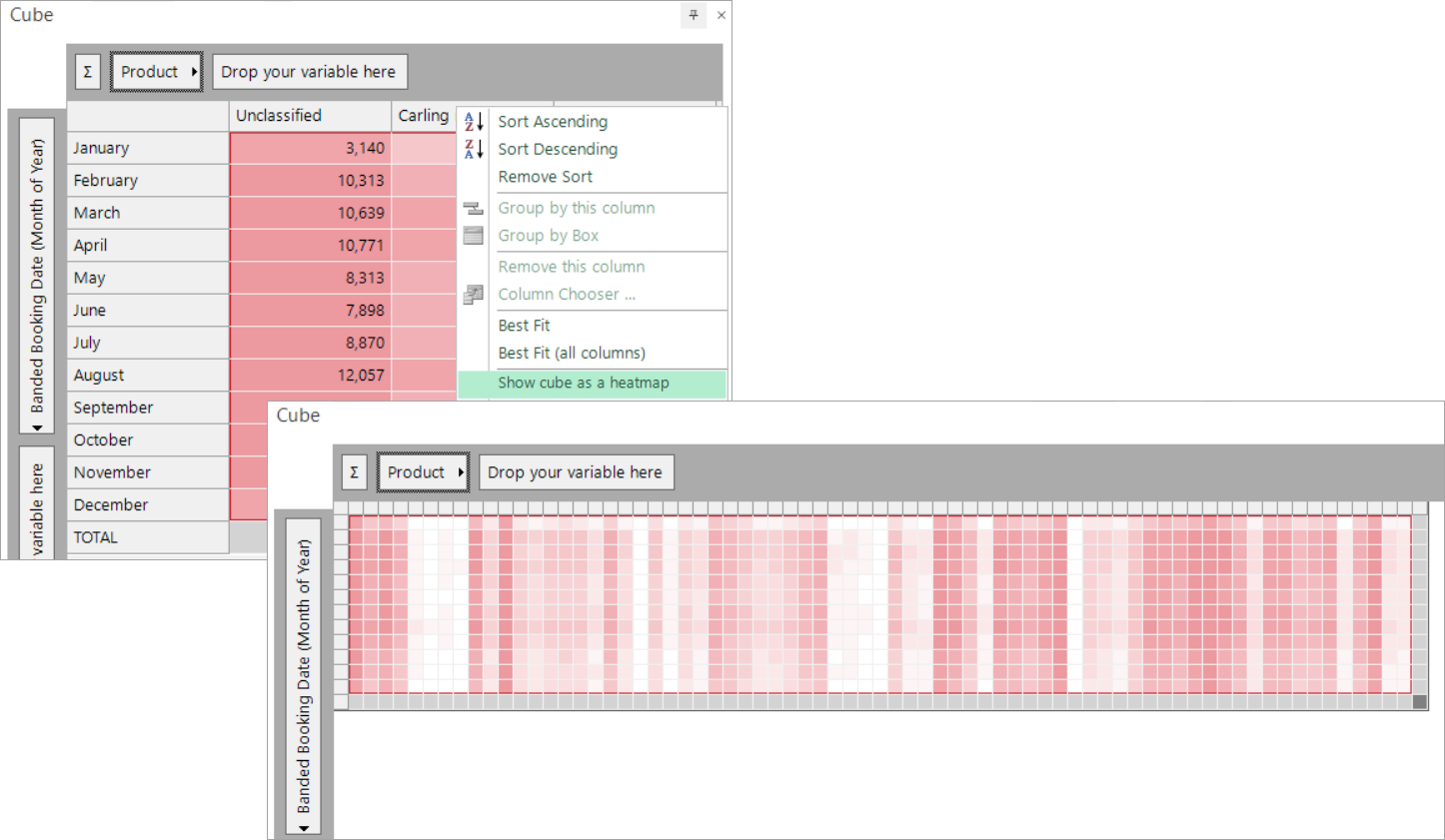 Cube displayed in heatmap view with small cells and thematic shading