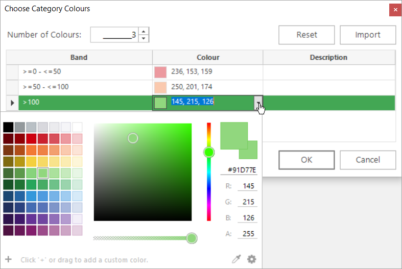 Choose Category Colours dialog with 3 bands and colour selectors