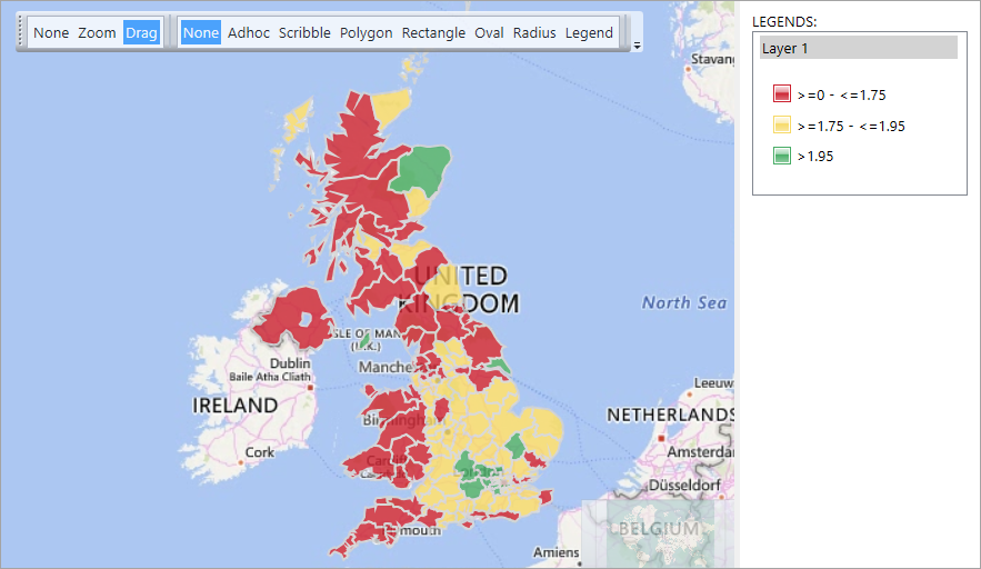 Shaded map of postal areas with custom red, yellow and green colour banding by average bookings