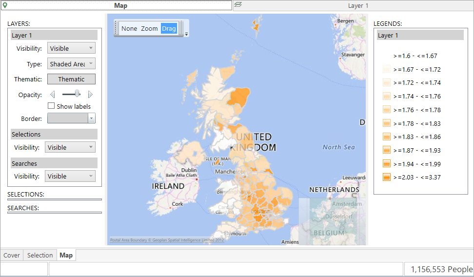 Map showing postal area data before custom colours are applied