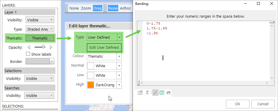 Thematic dialogue with Type set to User Defined and bands entered