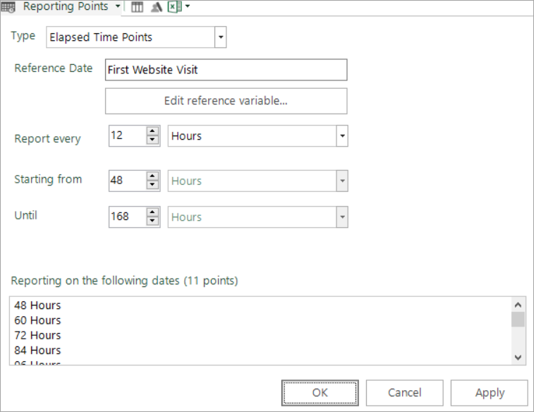Elapsed time reporting points configuration