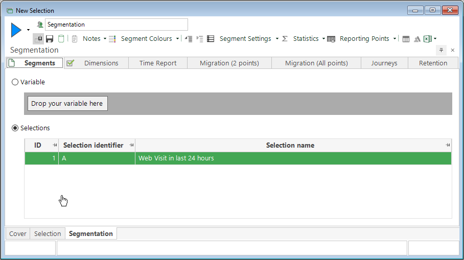 Adding the selection to the Segments tab