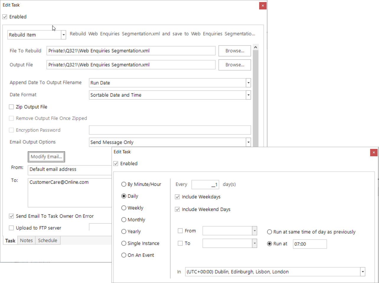 Edit Task dialog showing the scheduled task settings for a Segmentation rebuild