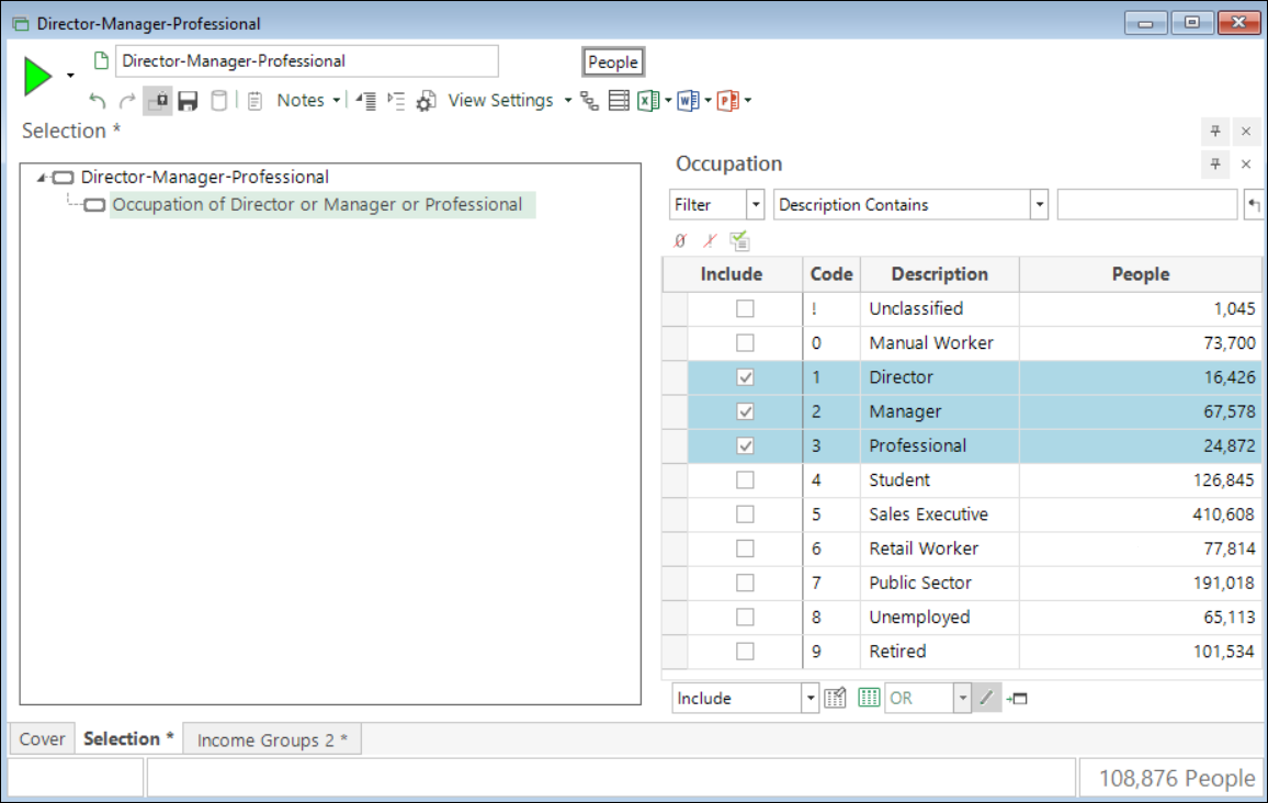 Selection identifying Directors, Managers, and Professionals