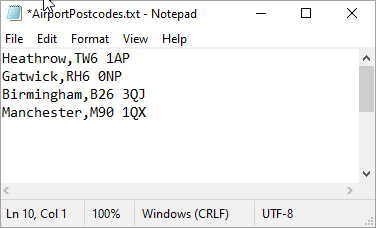 Airport postcodes text file