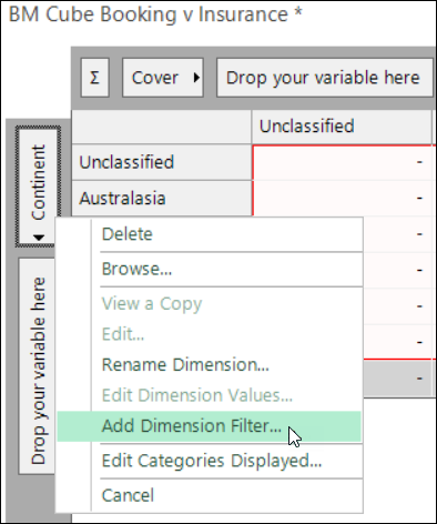 Add Dimension Filter option on the Continent dimension right-click menu