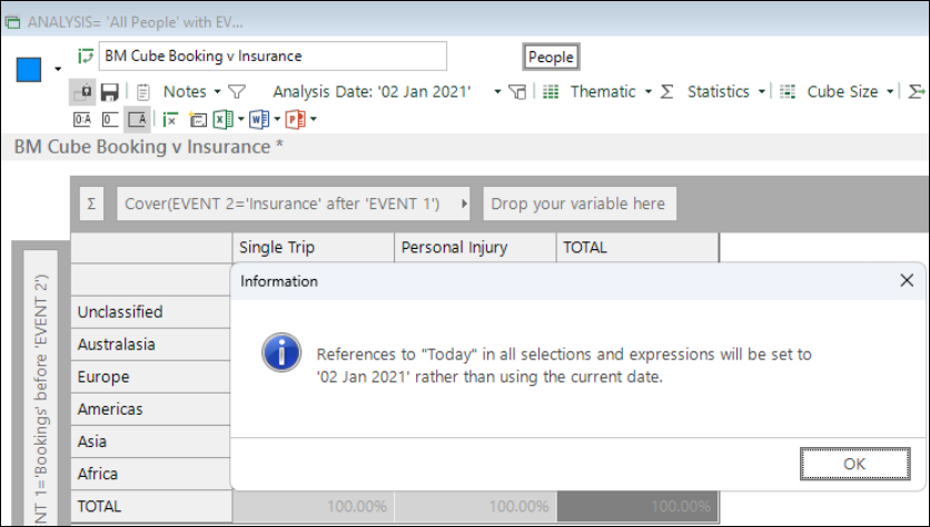 Information box showing that analysis date is taken from the cube toolbar