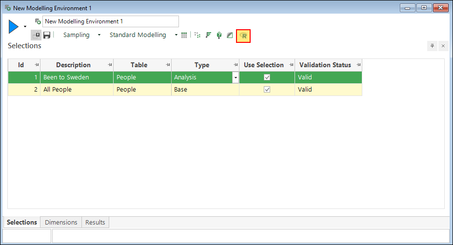 Analysis and base selections in the modelling environment