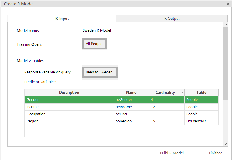 Create R model dialog