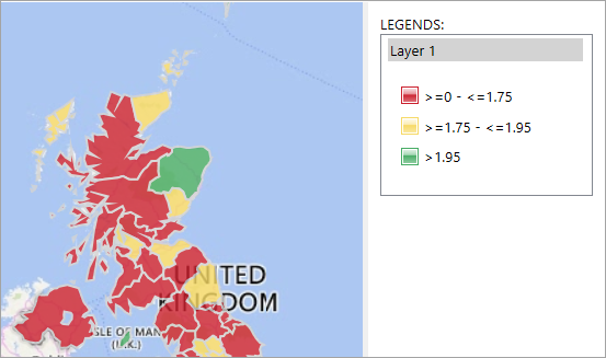 Map legend showing default range values for user defined colour banding