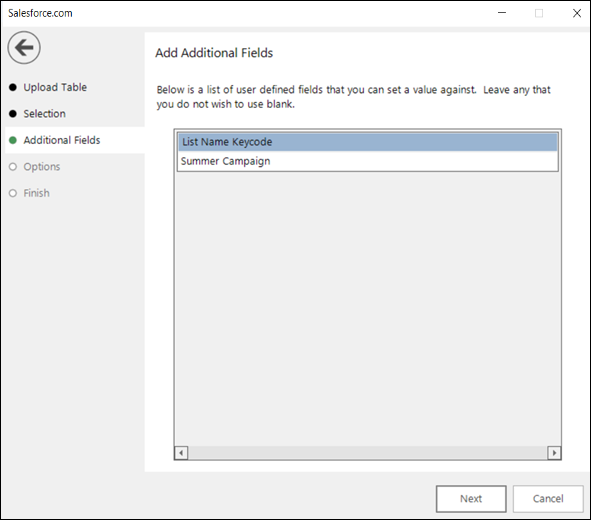 Additional Fields step with keycode and campaign information entered