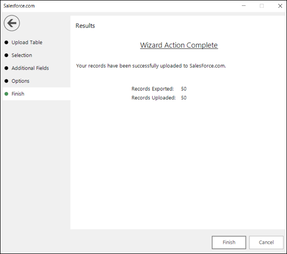 Finish step confirming the number of records exported and uploaded to Salesforce