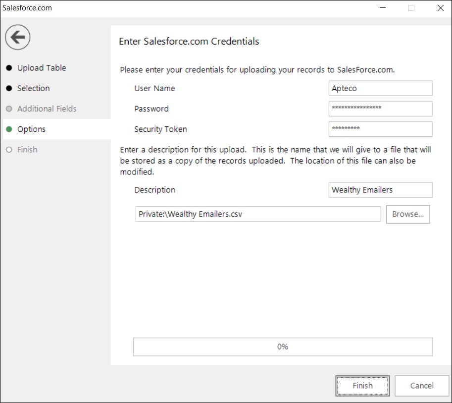 Options step showing Salesforce login credentials and file save location