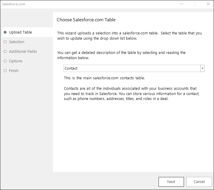 Upload Table step showing the Salesforce table selection
