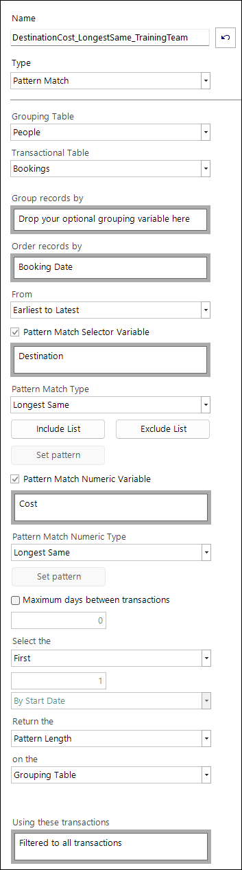 Pattern match settings tab in the expression window